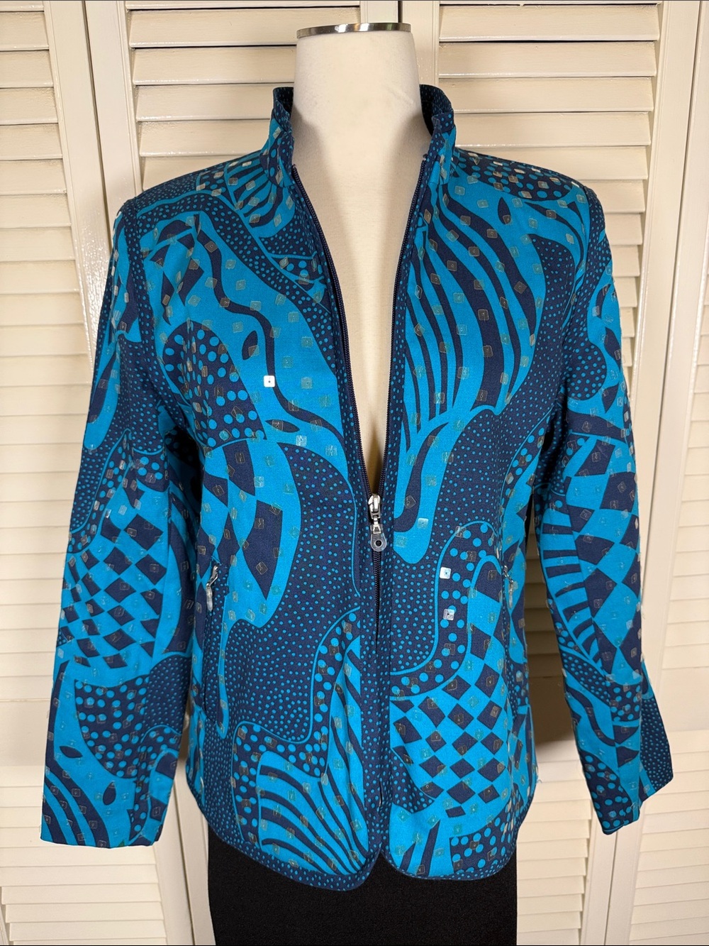REDD Jeans Vintage Abstract Sequin Zip Jacket Blue/Turquoise Artsy Size 6